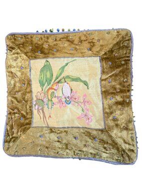 VTG Designer Hummingbird Pillow Cover Embroidered Beaded Silk 14 x 14